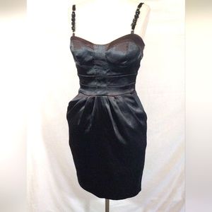 My Michelle TAG, black satin shirt dress, beaded straps, pleats, slit, zipper, 1